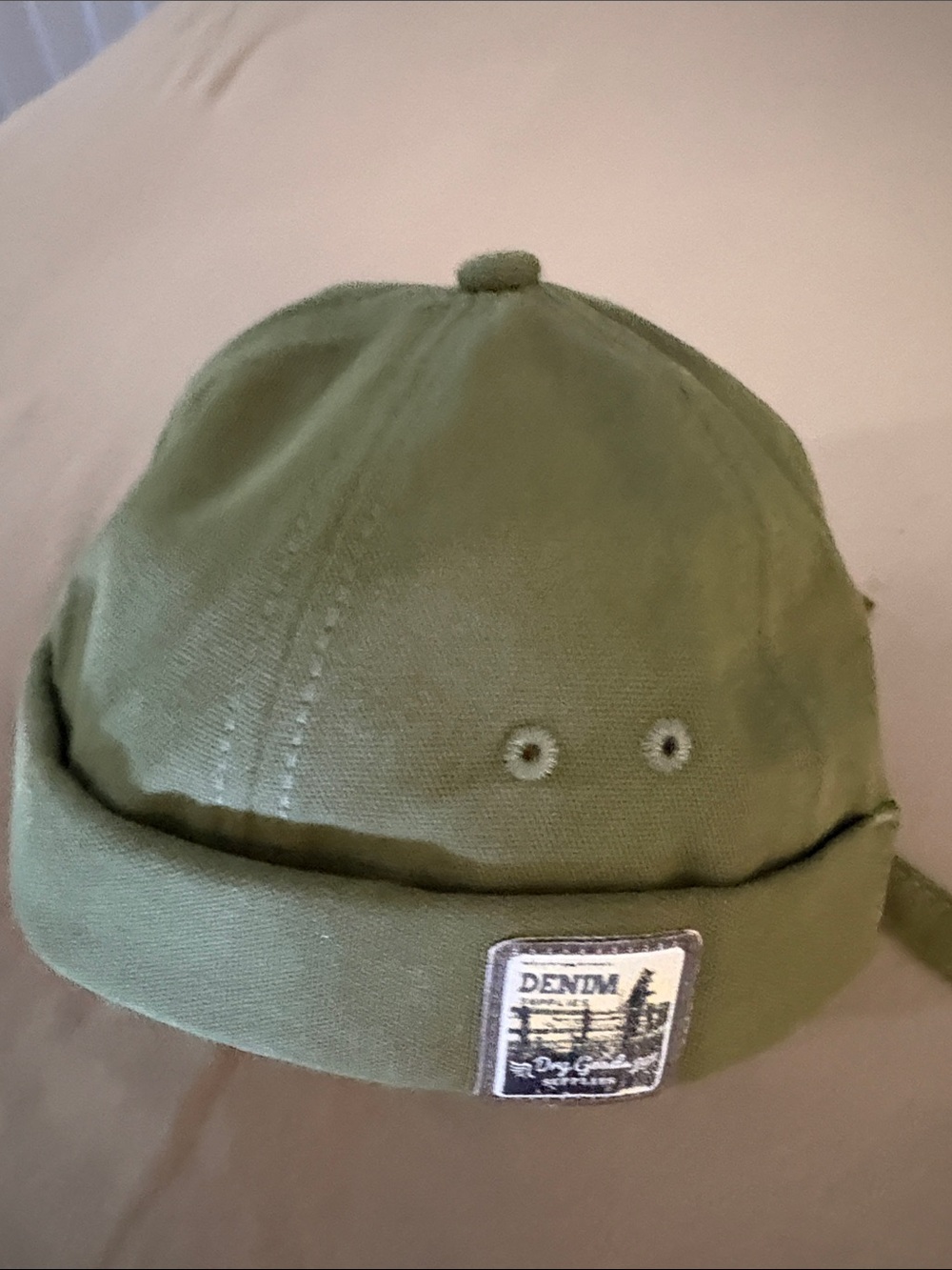 Men's Olive Green Cotton Beanie with Denim Patch Detail